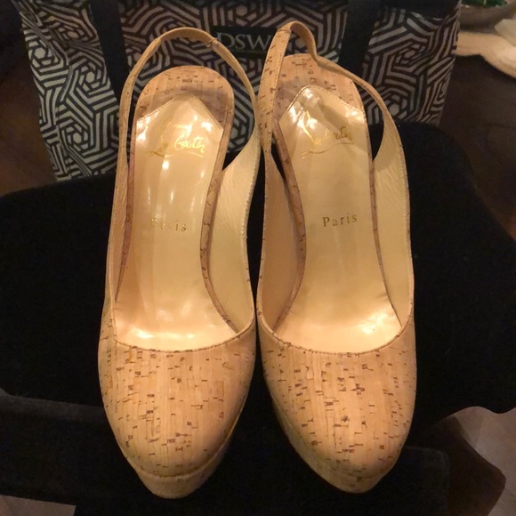 ❤️ Christian Louboutin Stiletto Red soles platform cork, stretch strap heels - Picture 3 of 12